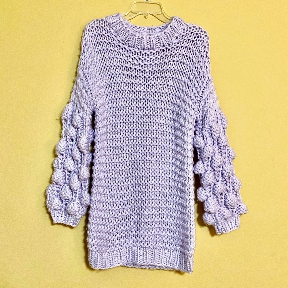 Knitted Lavender Sweater with Pom Pom Sleeves-S
